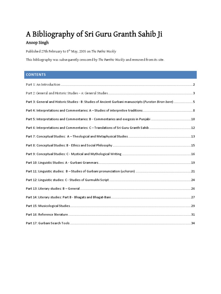 Bibliography of Sri Guru Granth Sahib | PDF | Guru Granth Sahib | Punjab