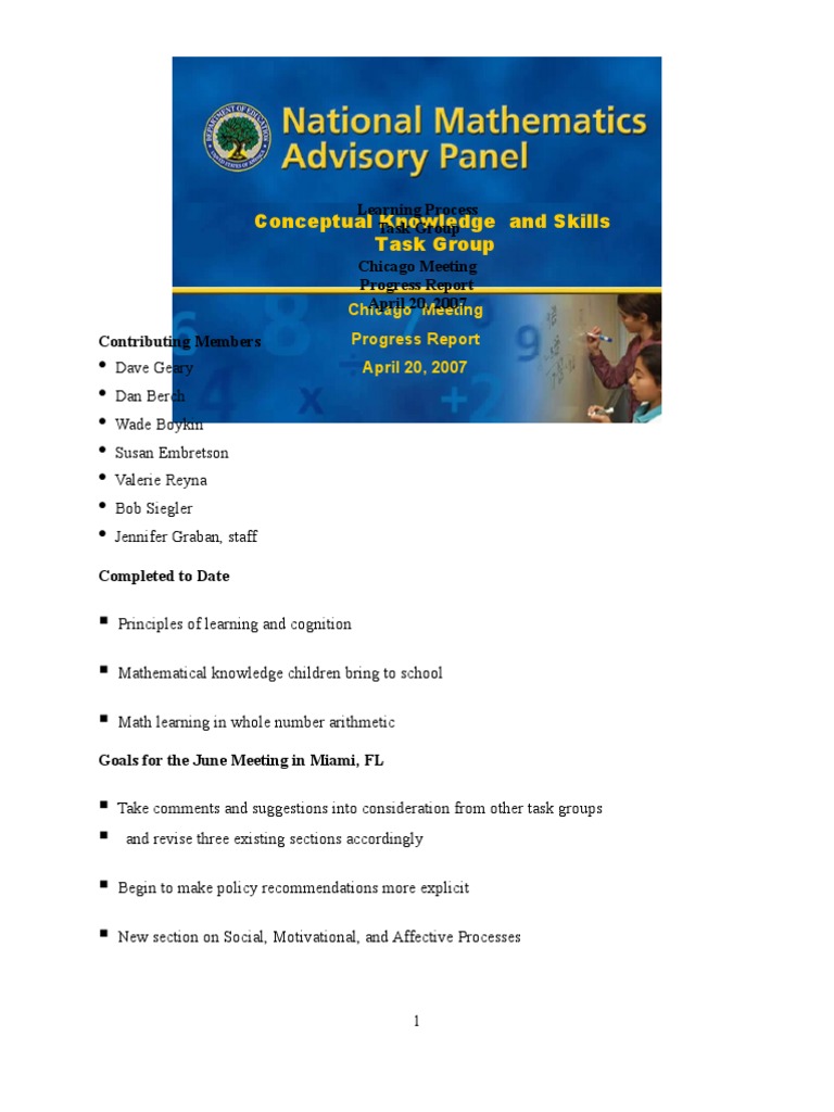 Progress Report on Math Learning Task Group | PDF