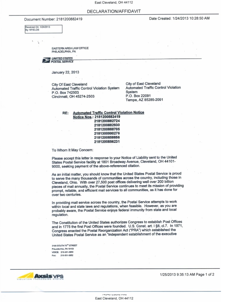 USPS Letter Regarding Traffic Tickets