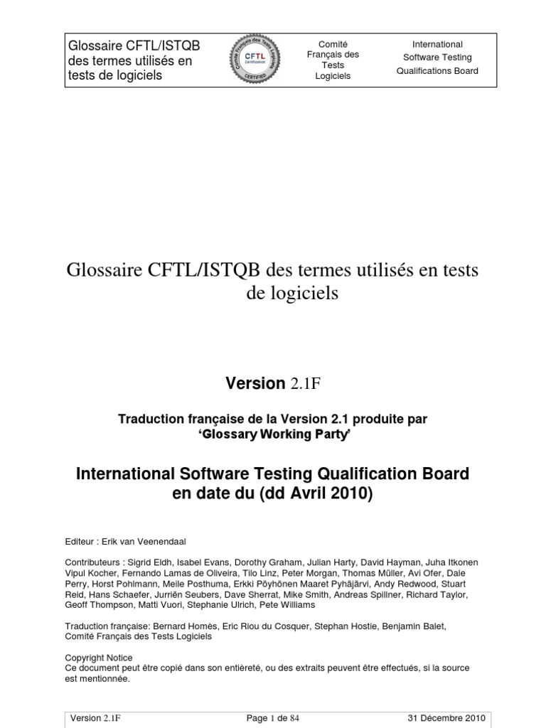 Glossaire Des Tests De Logiciel 2 1 F Istqb - 