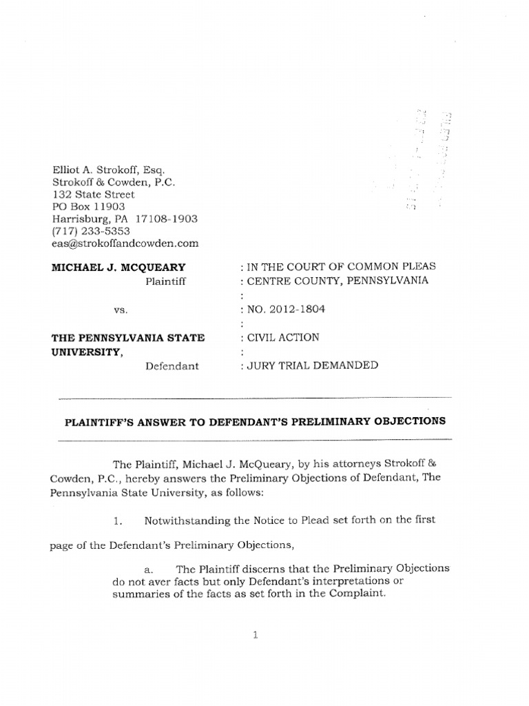 McQueary, Plaintiff's Answer To Defendant's Preliminary Objections PDF