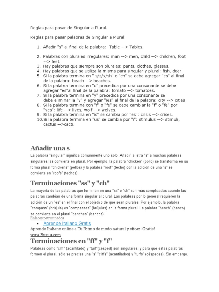 Reglas Para Pasar de Singular a Plural