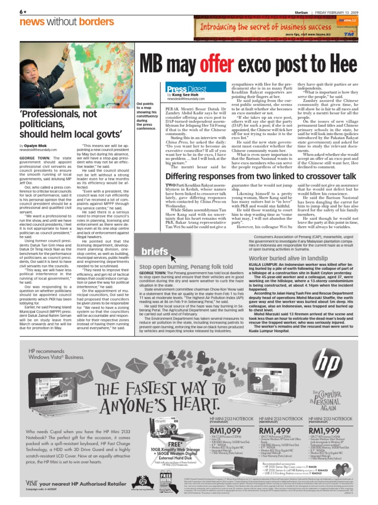TheSun 2009-02-13 Page06 MB May Offer Exco Post To Hee | PDF | Office ...