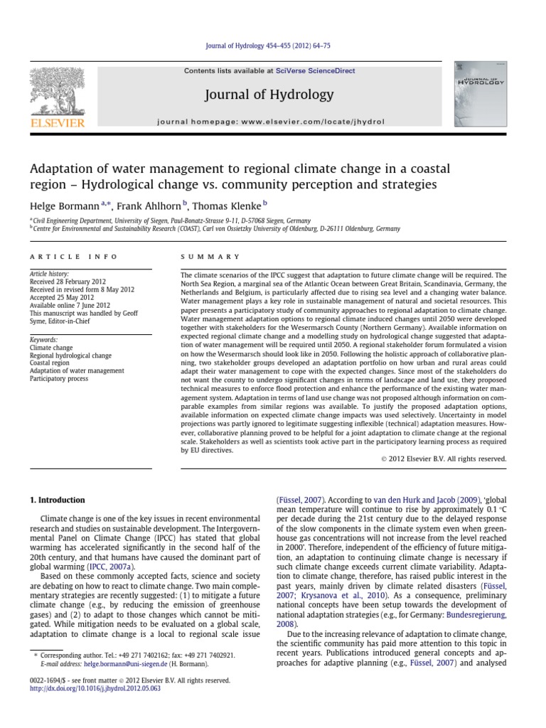 Adaptation of Water Management To Regional Climate Change in A Coastal ...