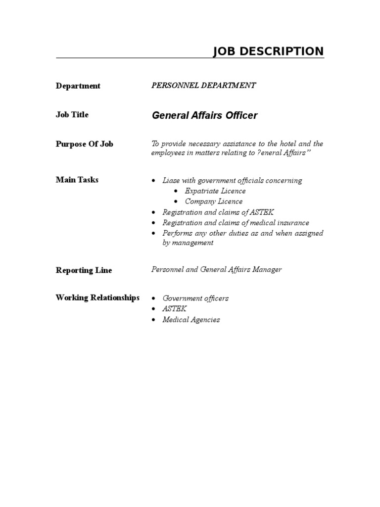 Job Description General Affairs Officer Descargar gratis PDF