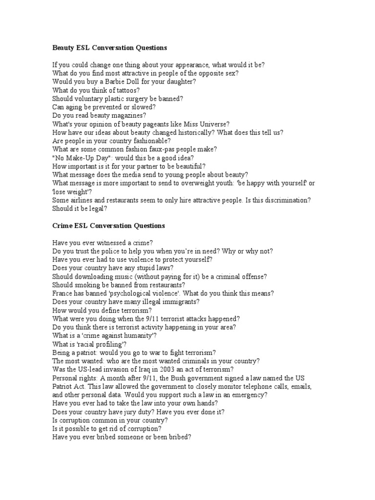 Engaging ESL Conversation Topics | PDF | Capital Punishment | Employment