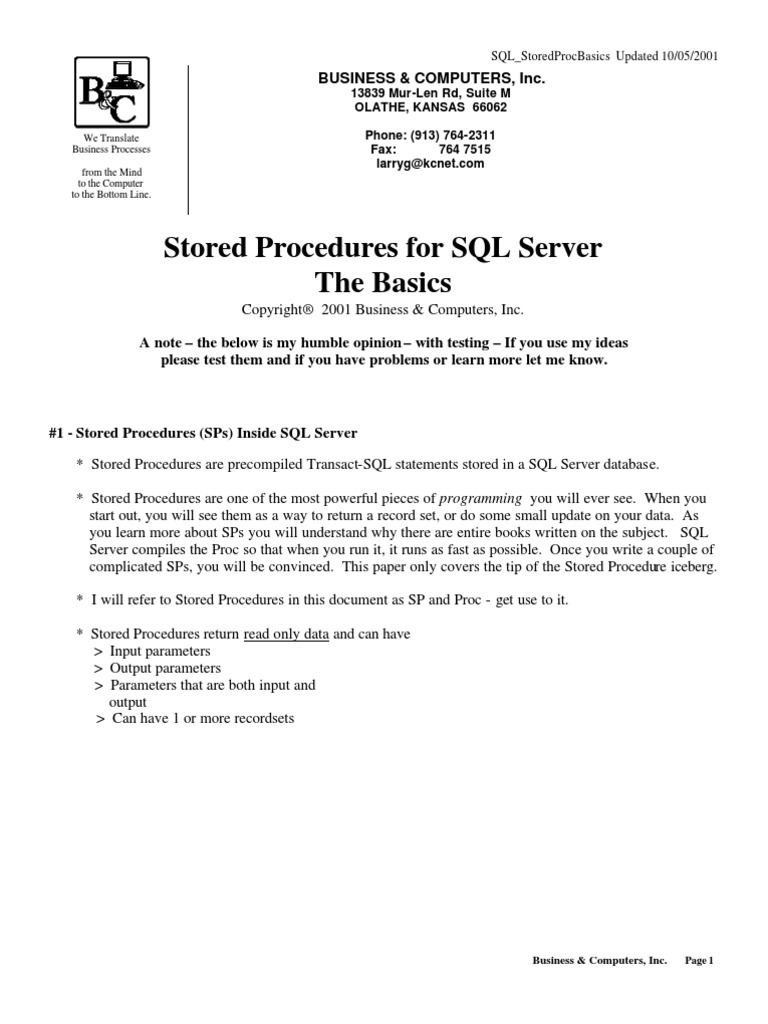 Stored Procedures For SQL Server The Basics: Business & Computers, Inc ...
