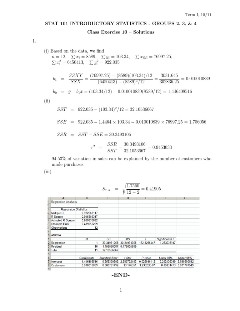 STAT 101 Class Exercise 10 Solutions | PDF