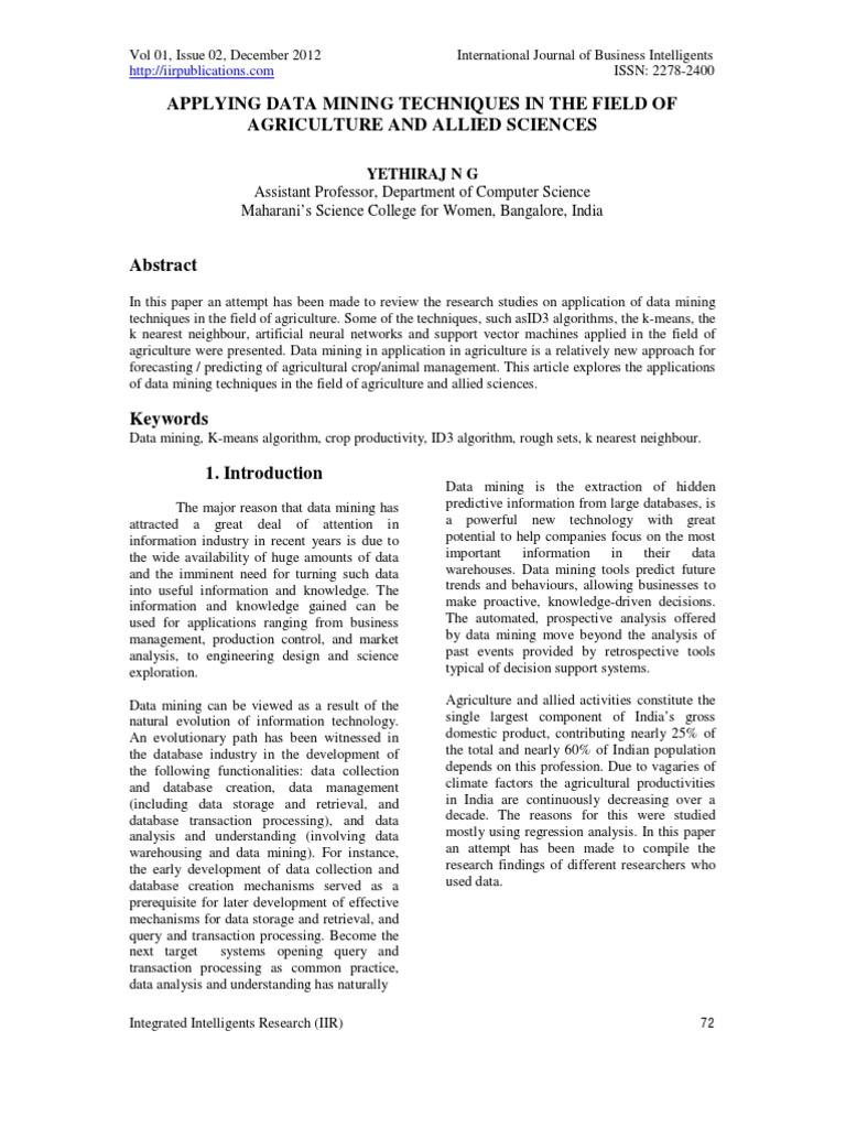 Data Mining in Agriculture Techniques | PDF | Data Mining | Data Warehouse