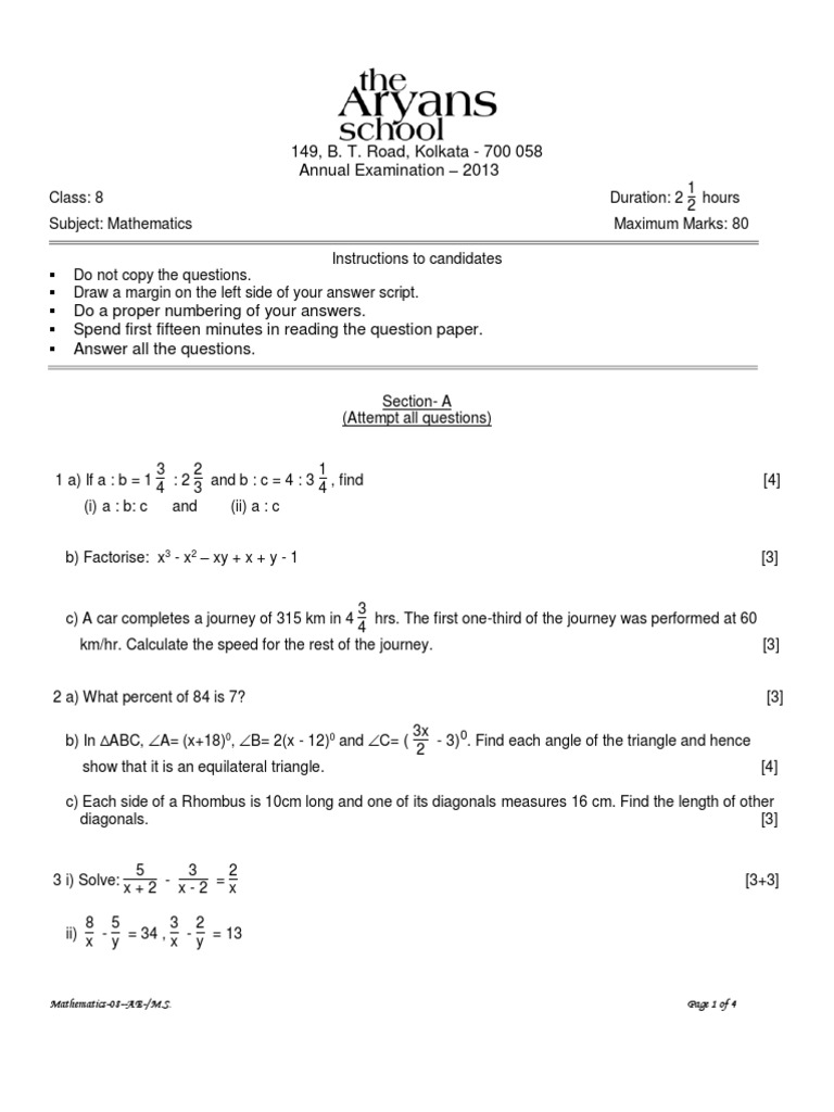 Class 8 Maths Question Paper PDF Triangle Triangle Geometry