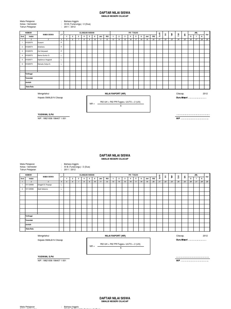 contoh daftar Nilai EXCEL