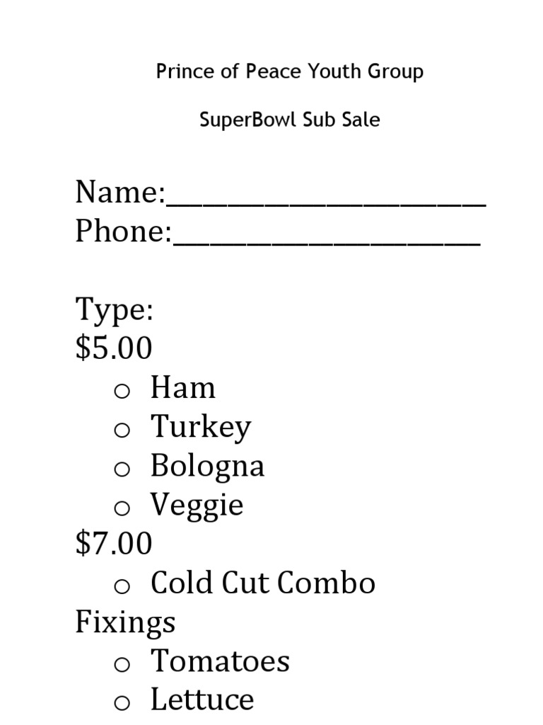 Super Bowl Sub Sale Order Form | PDF