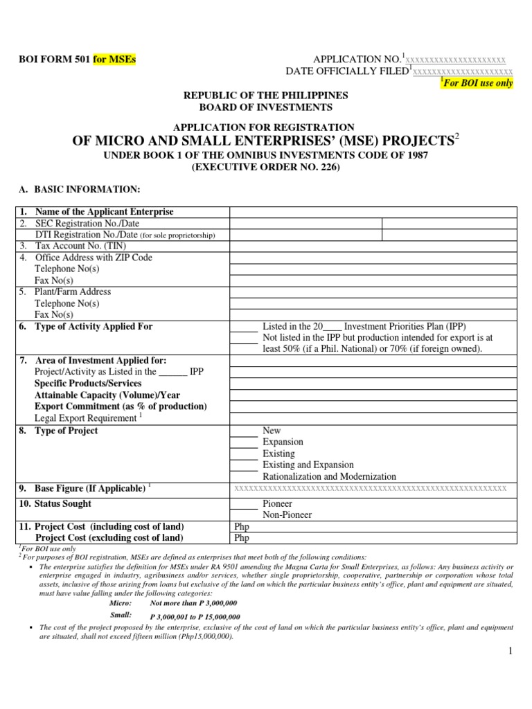 Boi Form 501 for Mse Exports Sole Proprietorship