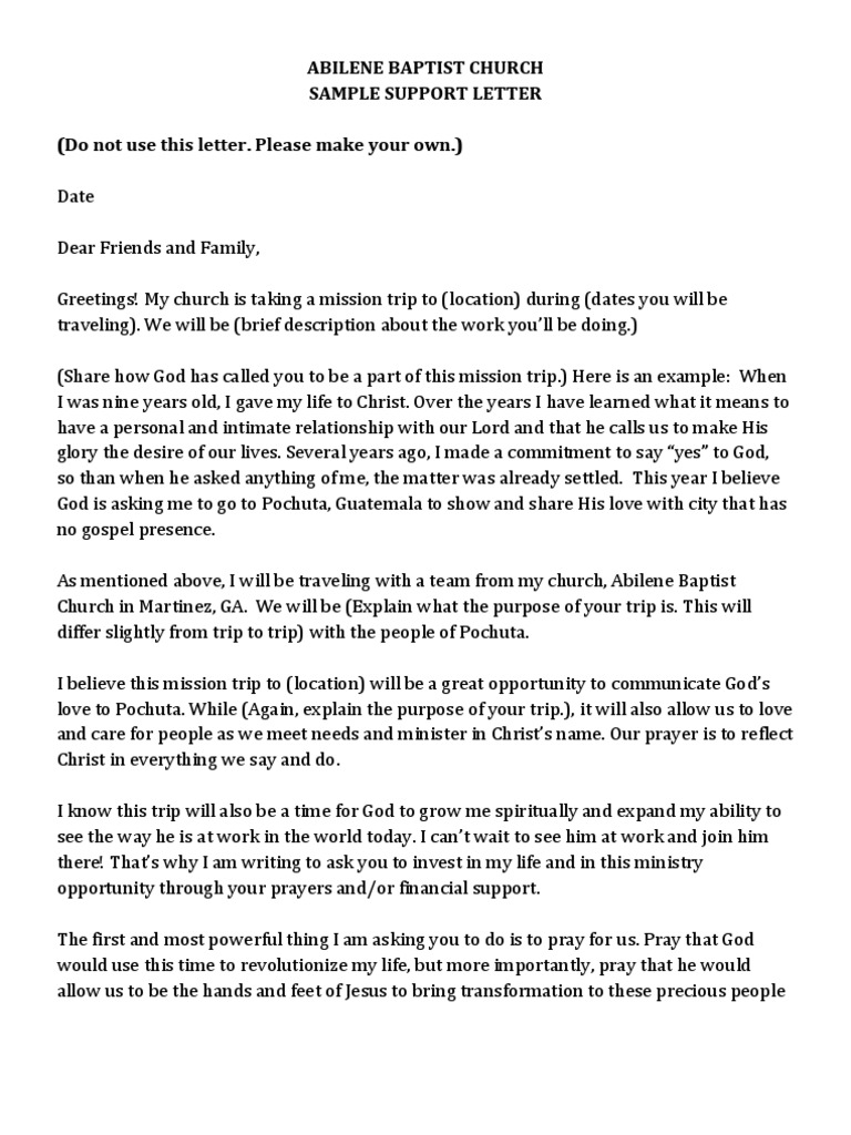 Sample Mission Support Letter  Jesus  Prayer