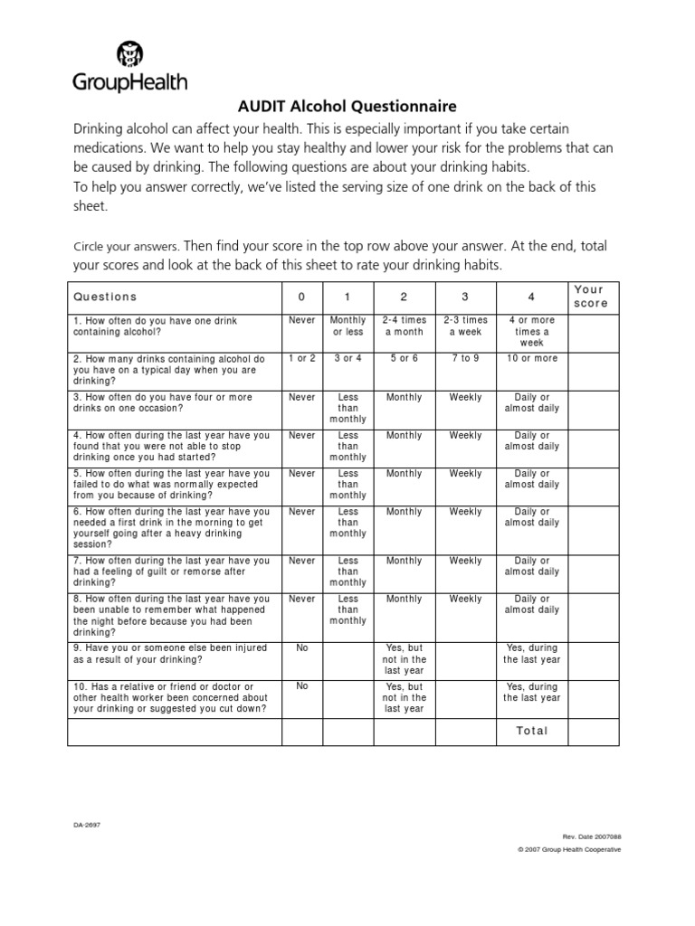 Audit Alcohol Questionnaire PDF Alcoholism Distilled Beverages