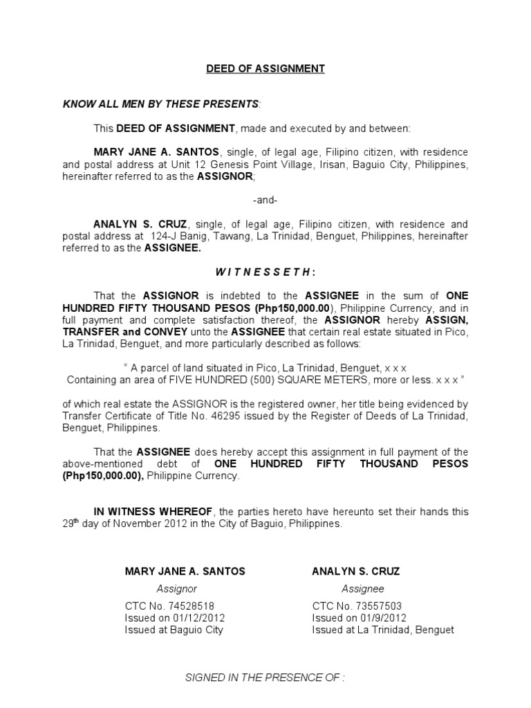 Deed of Assignment for Real Estate Transfer | PDF | Assignment (Law ...
