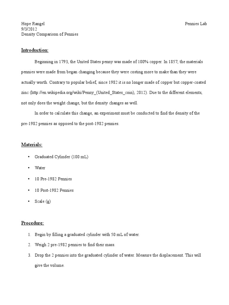 Pennies Density Lab PDF Density Penny