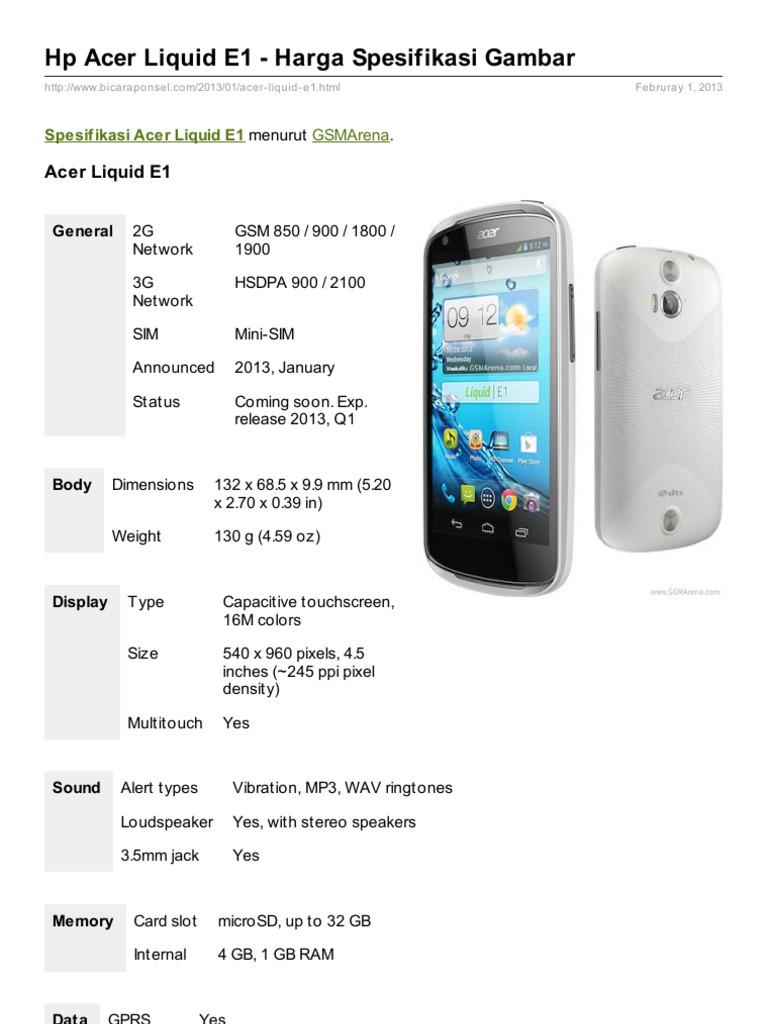 Acer Liquid E1: Specs and Pricing | PDF