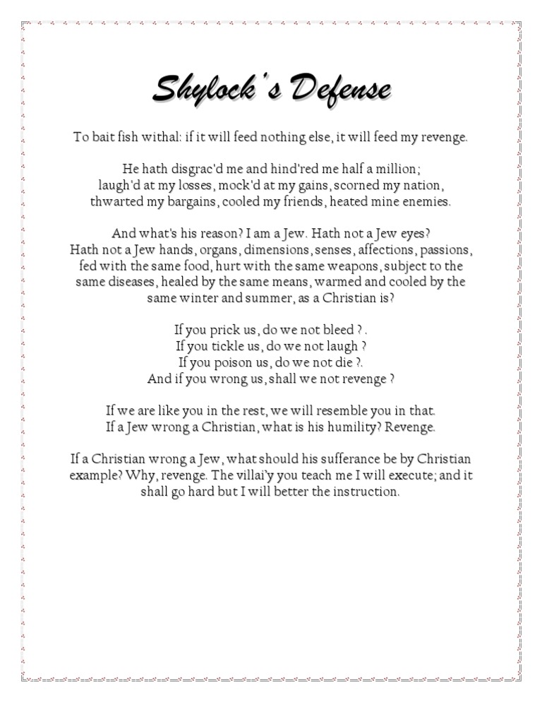 Shylock's Justification for Revenge The Merchant Of Venice