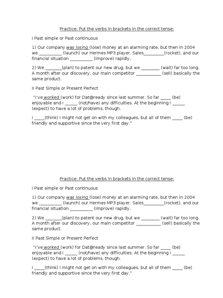 Verb Tense Practice Exercises | PDF | Career & Growth | Language Arts ...
