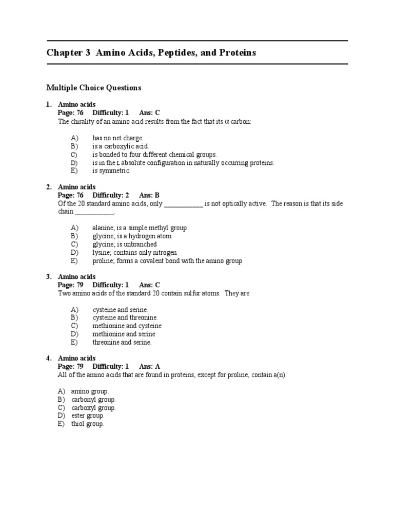 Chapter 3 Biochemistry Exam: Amino Acids, Peptides, and Proteins | PDF ...