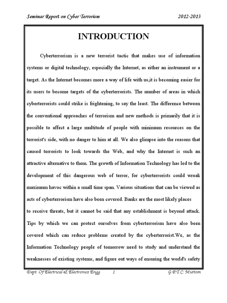 Seminar Report On Cyber Terrorism 2012-2013: Dept. of Electrical