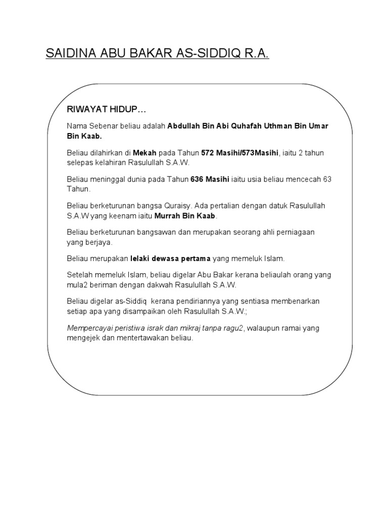 Sejarah Kehidupan Saidina Abu Bakar A.S