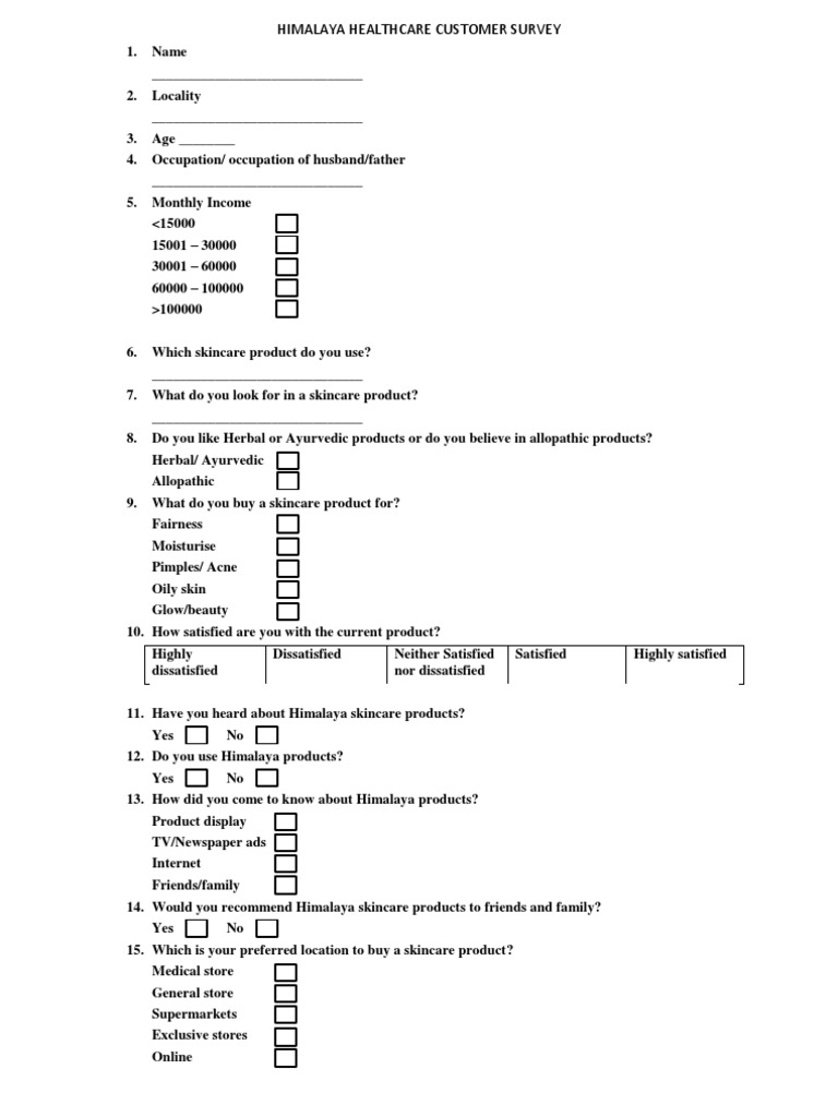Himalaya healthcare consumer questionnaire