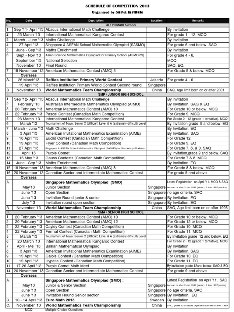 Competition Schedule Pdf Teaching Mathematics Schools