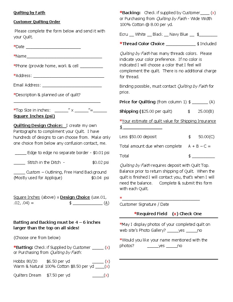Customer Quilting Order Form | PDF | Finance & Money Management | Home ...