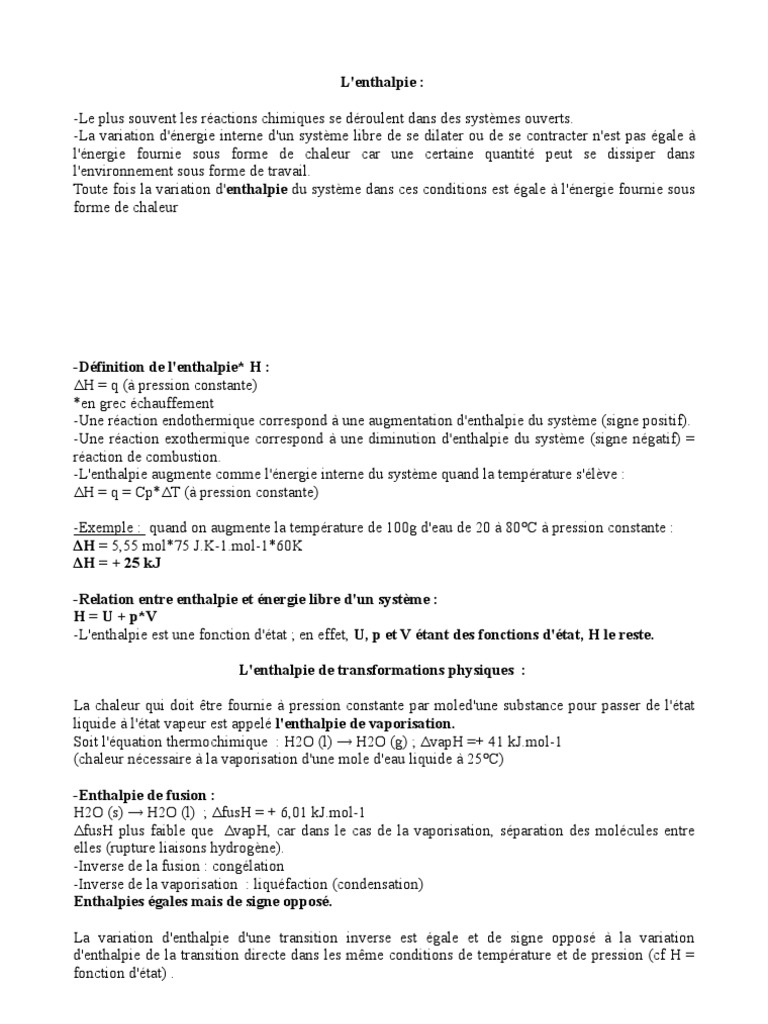 Définition et variations de l'enthalpie | PDF | Enthalpie | Réactions ...