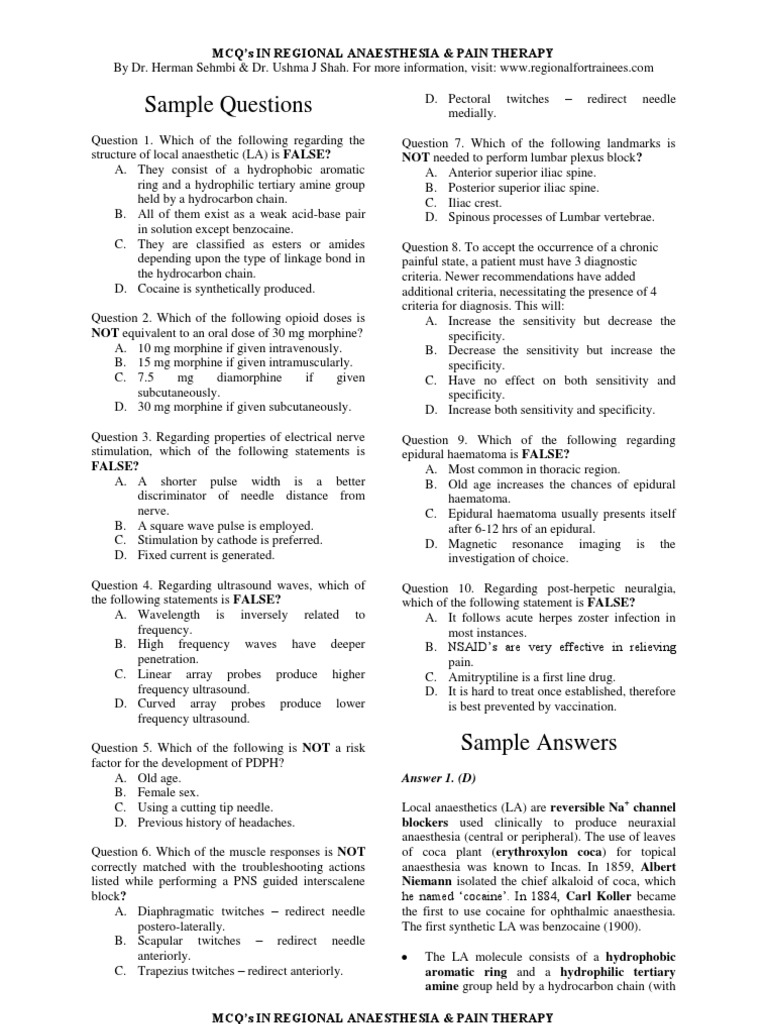 Mcqs in Regional Anaesthesia and Pain Therapy (MasterPass