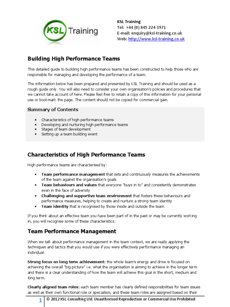 High Performance Teams Pdf Team Building Leadership