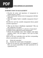 Unit Wise Important Questions Unit - I Introduction To Management