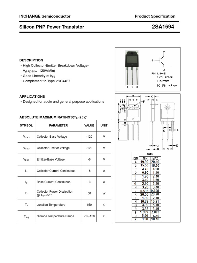 2SA1694 PNP Transistor Specifications | PDF | Technology & Engineering