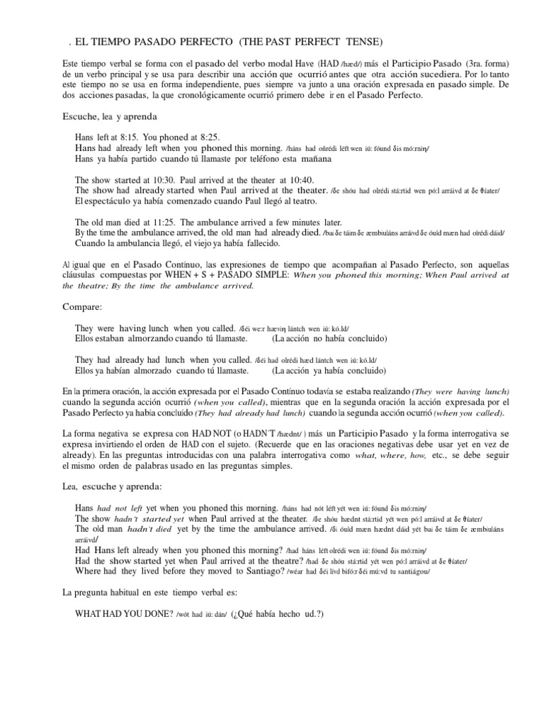 Uso y reglas del pasado perfecto | PDF | Perfecto (gramática) | Reglas