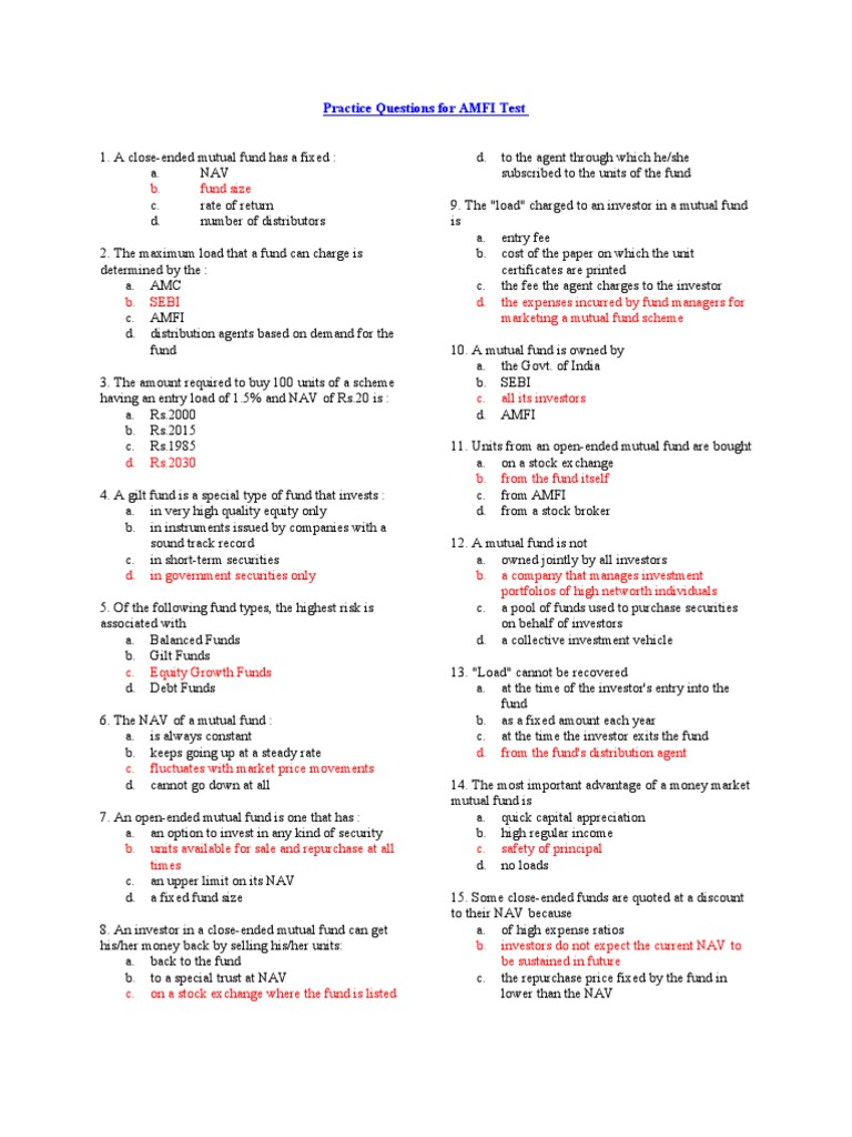 AMFI Test Practice Questions | PDF | Investment Fund | Bonds (Finance)