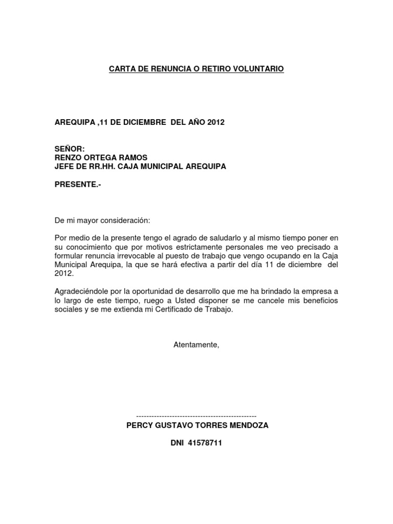 Carta de Renuncia o Retiro Voluntario