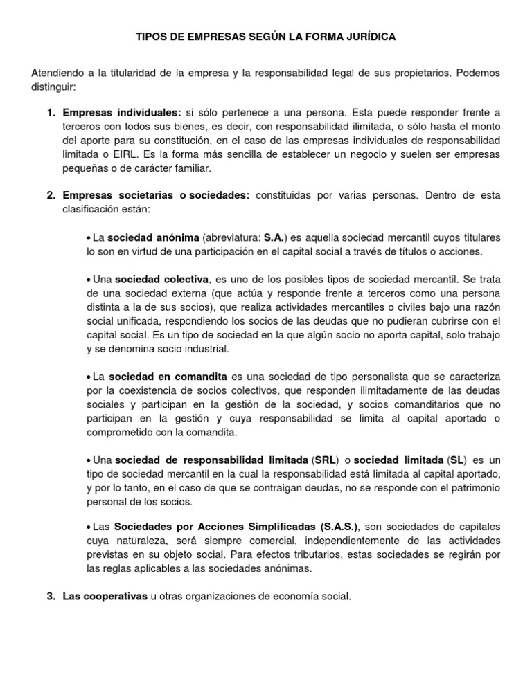 Tipos De Empresas Segun Su Forma Juridica Estrategias