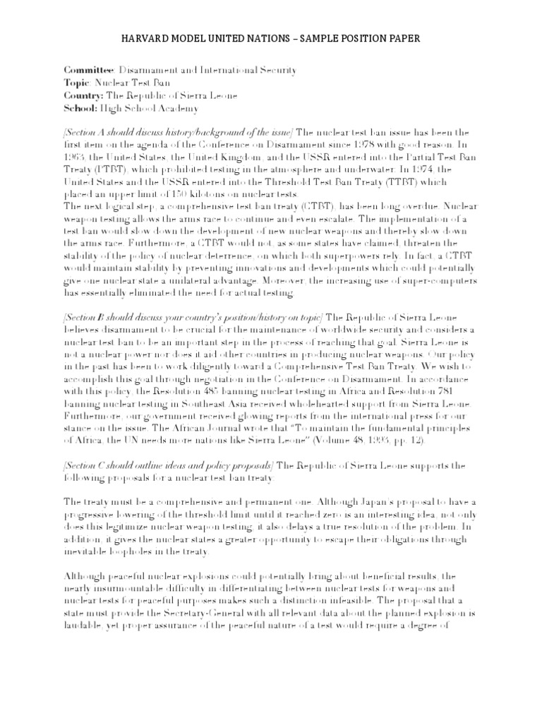Sample Position Paper - Harvard MUN | Nuclear Weapons | International Relations