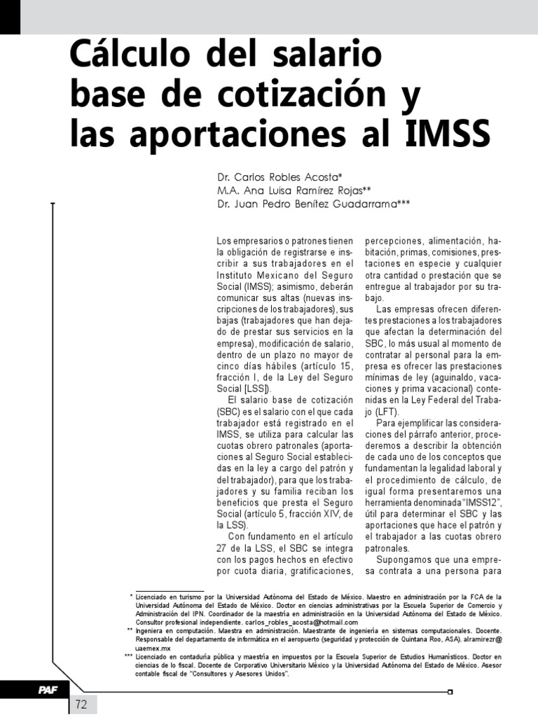 Cálculo del Salario Base de Cotización IMSS | PDF | Salario mínimo ...