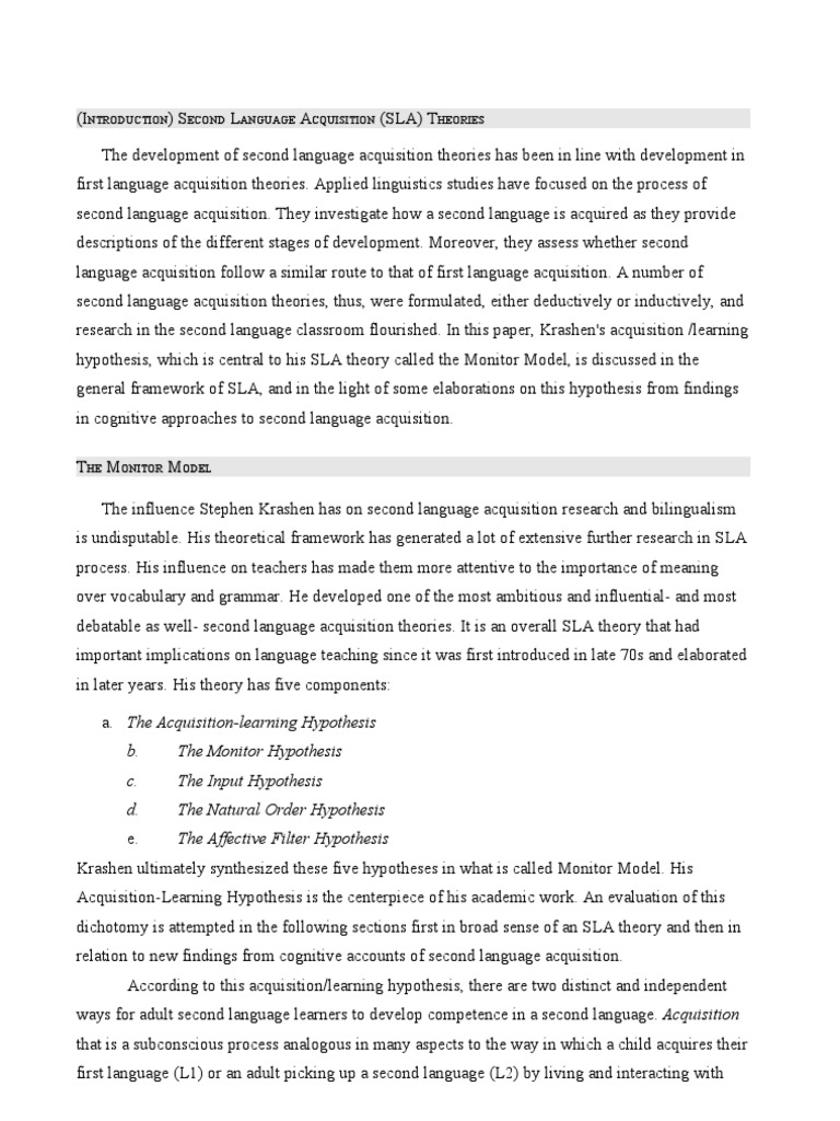 Krashen Monitor Hypothesis Second Language Acquisition Second Language