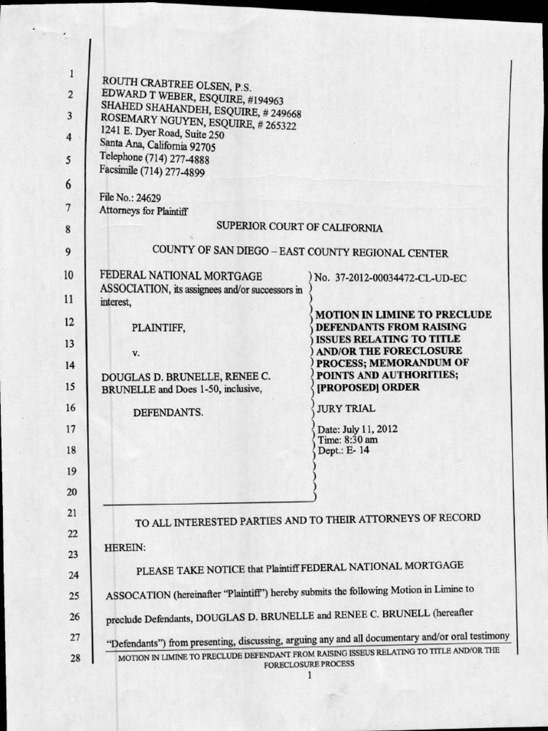 071212 Motion In Limine Foreclosure Deed Of Trust (Real Estate)
