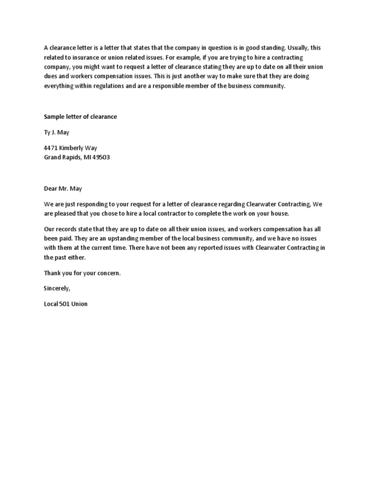 Sample Clearance Letter for Contractors | PDF | Law | Finance & Money ...
