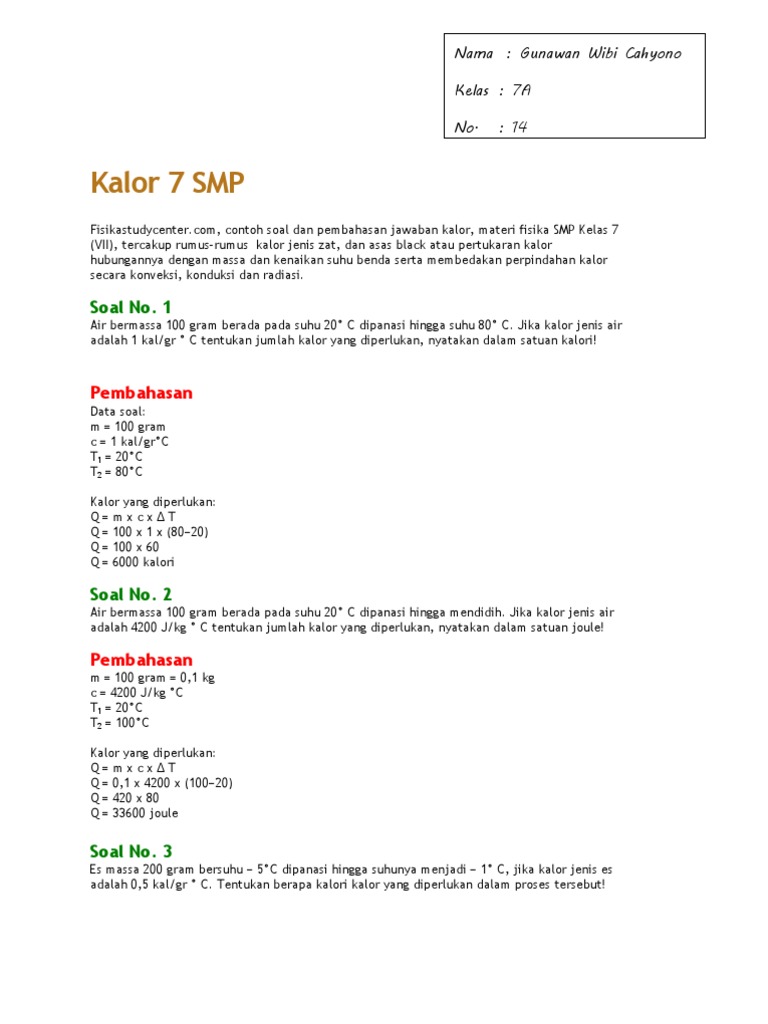 Contoh Soal Kalor Dan Pembahasannya Kelas 7 Contoh Soal