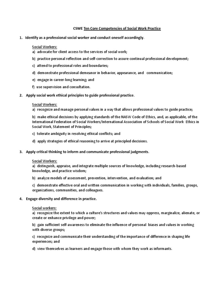 CSWE's 10 Core Social Work Competencies | PDF | Social Work | Evaluation