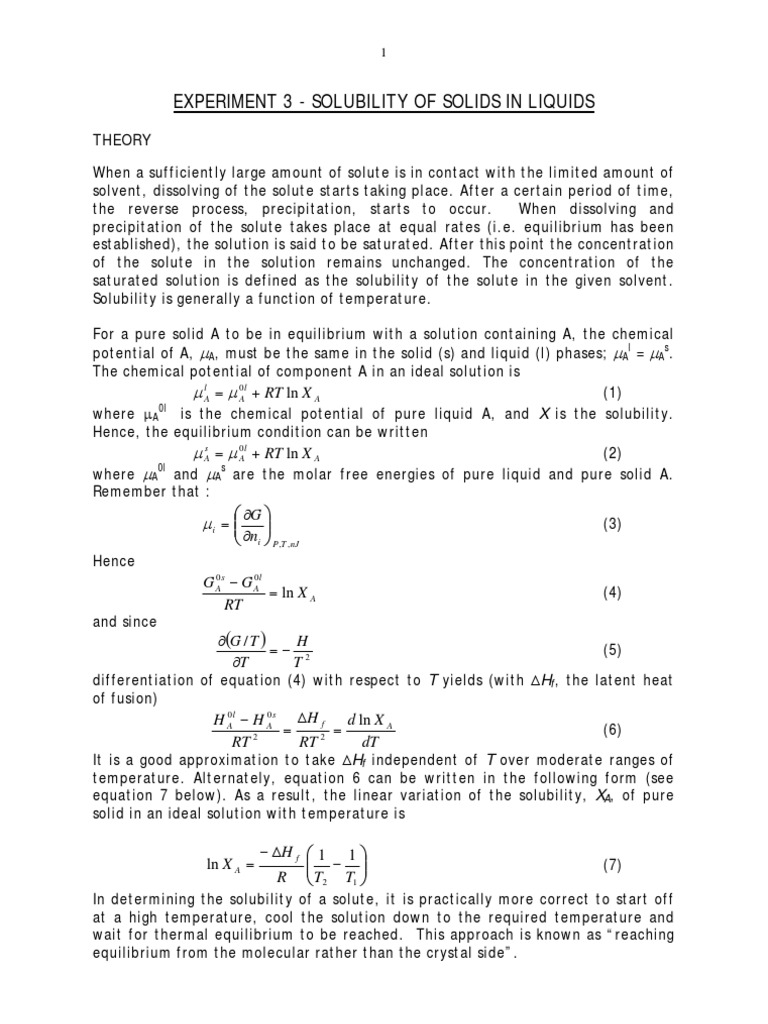 Solubility of Solids in Liquids Experiment PDF Solubility Solution