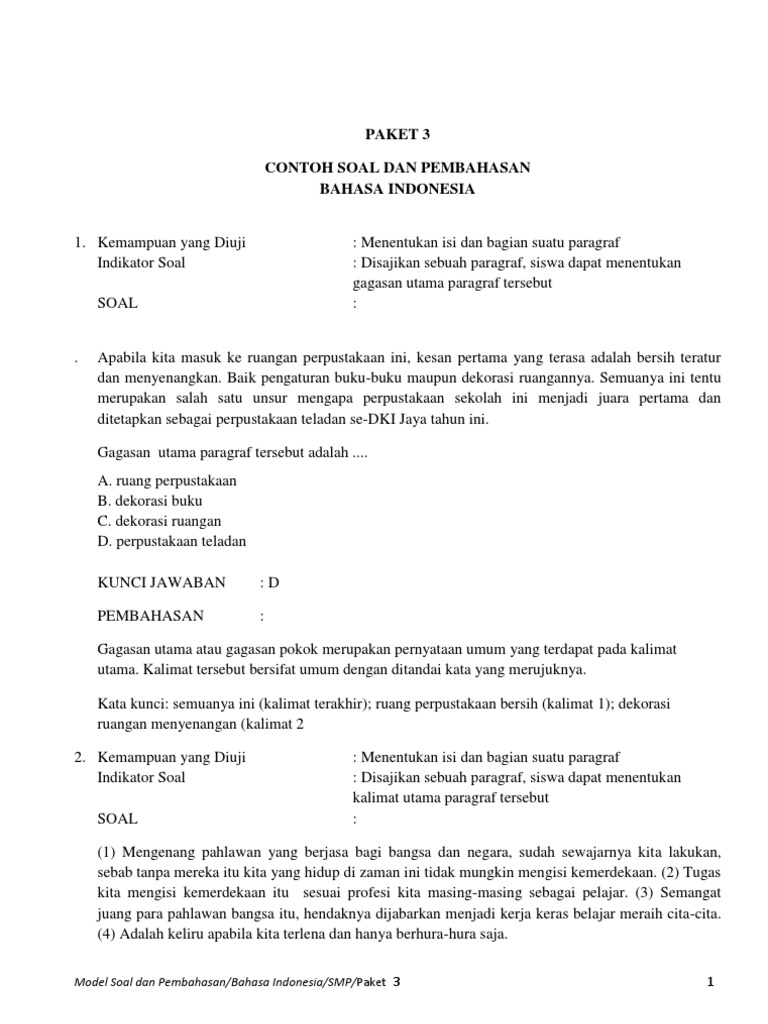 Contoh Soal Kalimat Utama