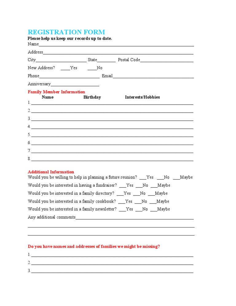 Free Printable Family Reunion Registration Form Template Word