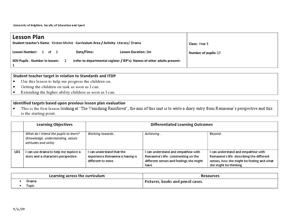 Lesson Plan: Student Teacher Target in Relation To Standards and ITDP ...